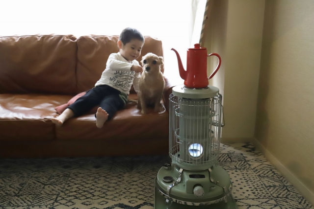 ストーブで暖をとる犬と子供の画像
