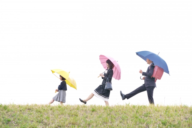 土手の上を行進する家族の画像